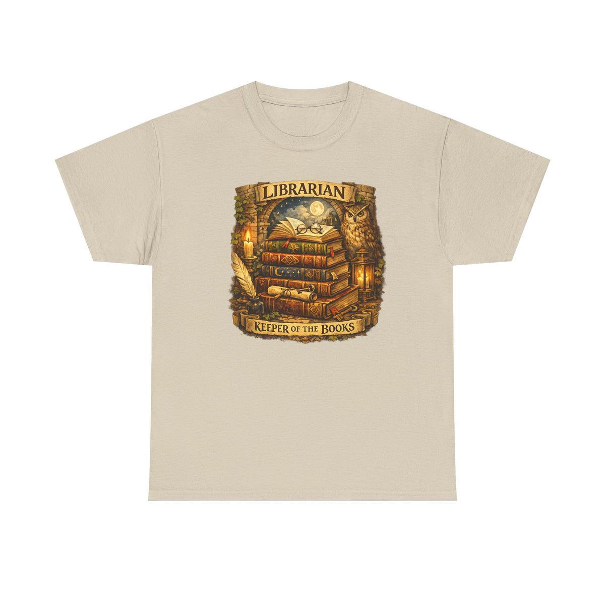 Librarian 'Keeper of the Books' T-Shirt — Vintage Bookstack & Owl Graphic