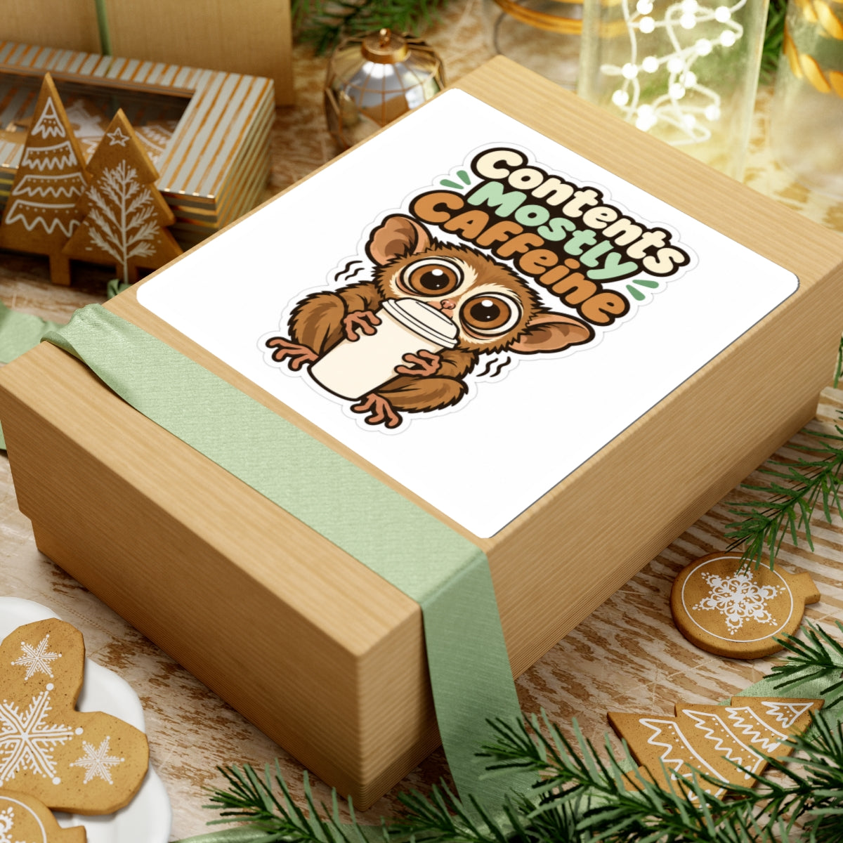 Contents Mostly Caffeine Sticker, Funny Coffee Decal, Cute Tarsier Water Bottle Sticker