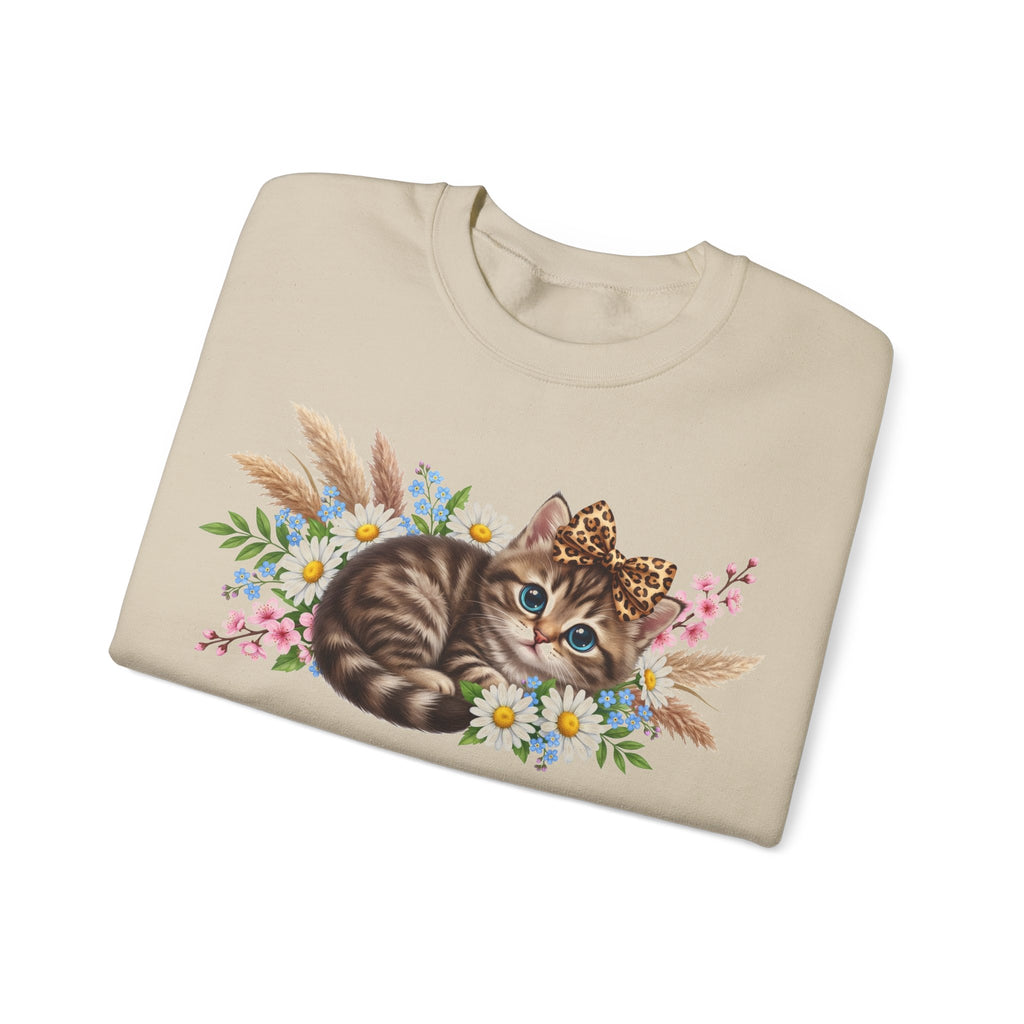 Cute Kitten Sweatshirt, Leopard Bow Floral Cat Sweatshirt, Coquette Cat Lover Gift, Tabby Kitten Pampas Flowers Sweatshirt, Cat Mom Boho Swe