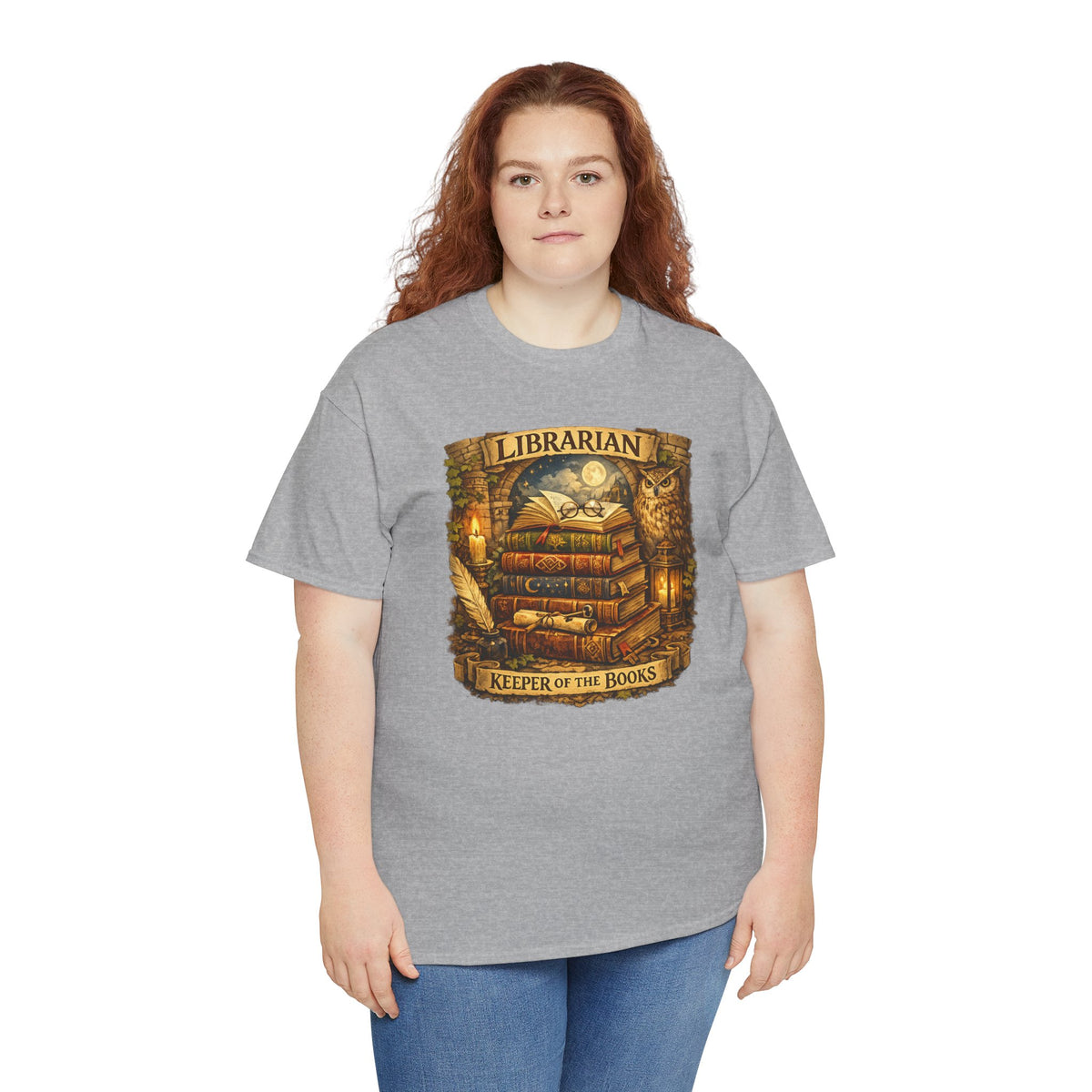 Librarian 'Keeper of the Books' T-Shirt — Vintage Bookstack & Owl Graphic