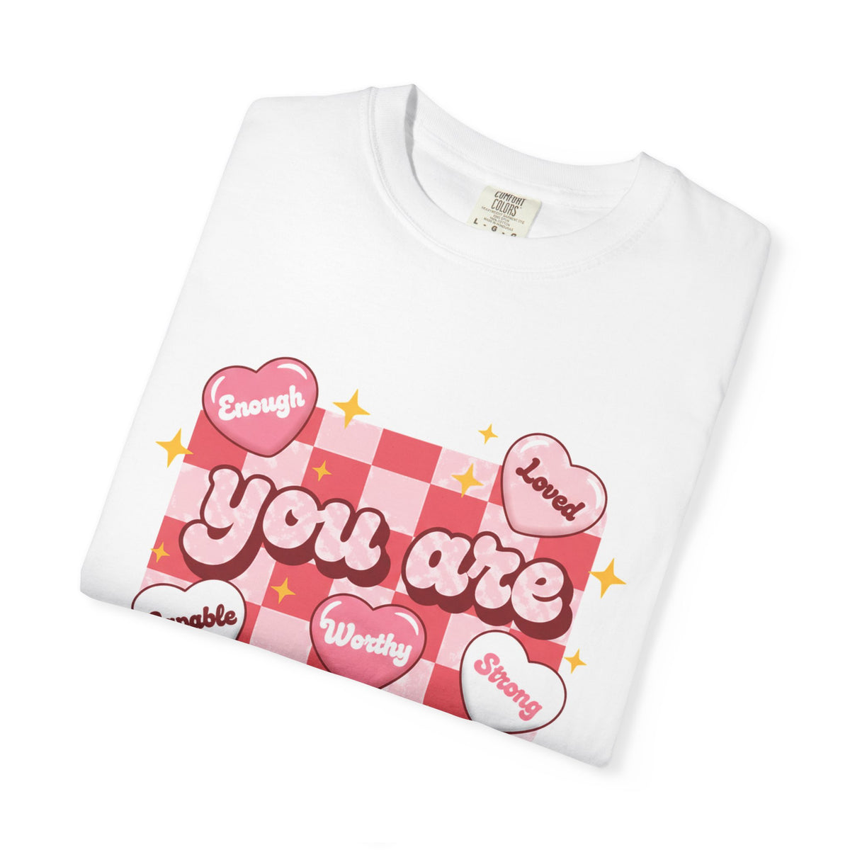 You Are Enough Pink Check Shirt, Affirmation Conversation Heart Tee, Valentines Shirt, Self Love Gift