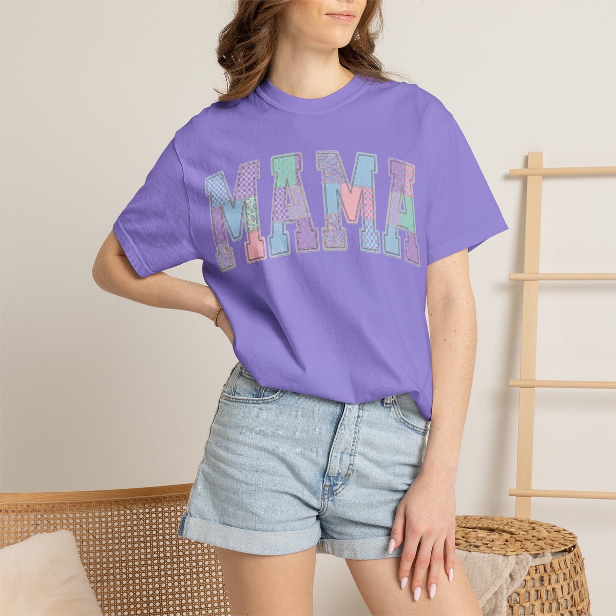 Mama Patchwork Shirt, Pastel Faux Applique Varsity Tee, Shabby Chic Mom Shirt, Mothers Day Gift