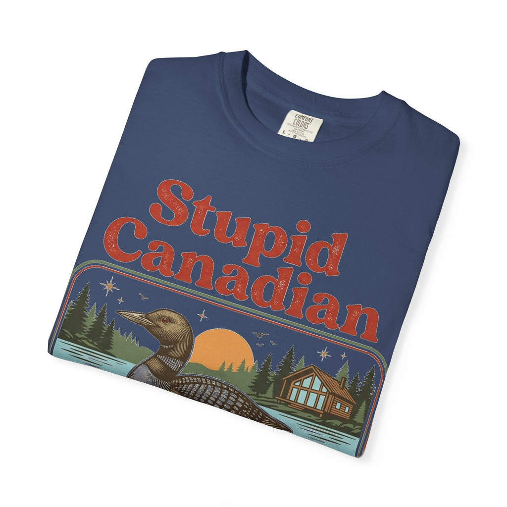 Stupid Canadian Wolf-Bird Classic Shirt, Loon Lake Scene Badge Tee, Funny Cabin Shirt, Lake Life Gift