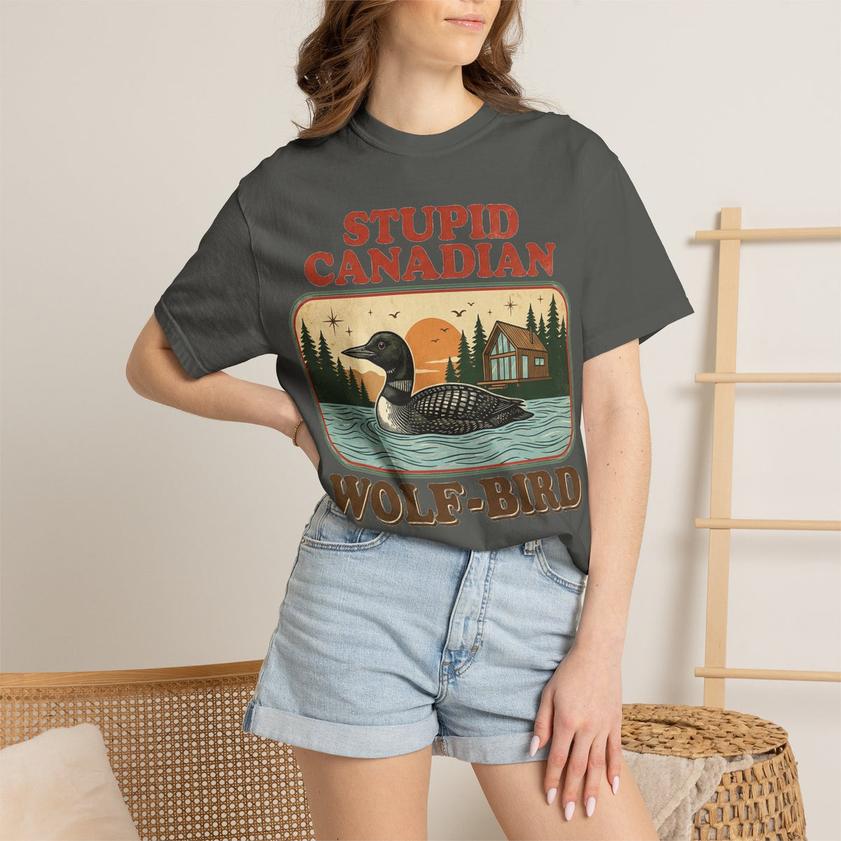 Stupid Canadian Wolf-Bird Shirt, Retro Loon Lake Badge Tee, Funny Canada Cabin Shirt, Lake Life Gift