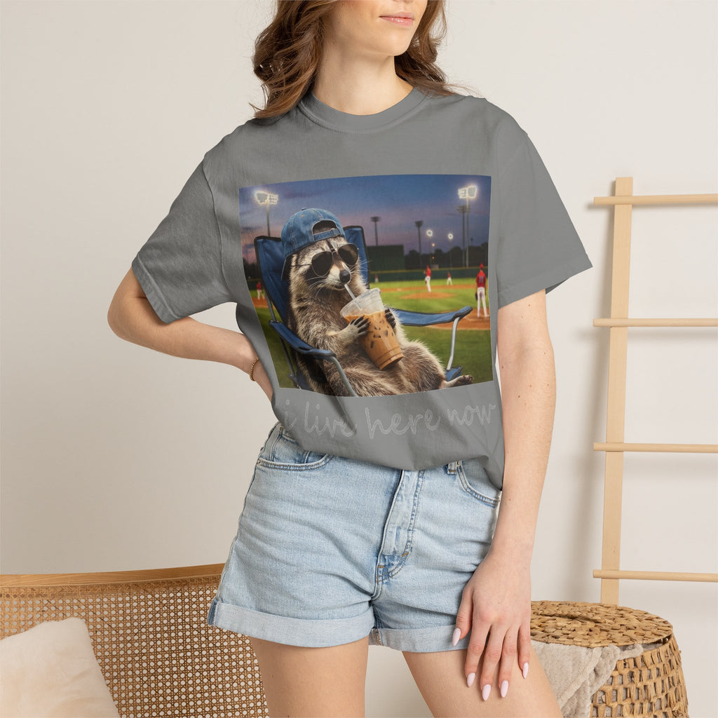 I Live Here Now Baseball Raccoon Shirt, Funny Sports Parent Tee, Iced Coffee Raccoon Shirt, Baseball Mom Gift