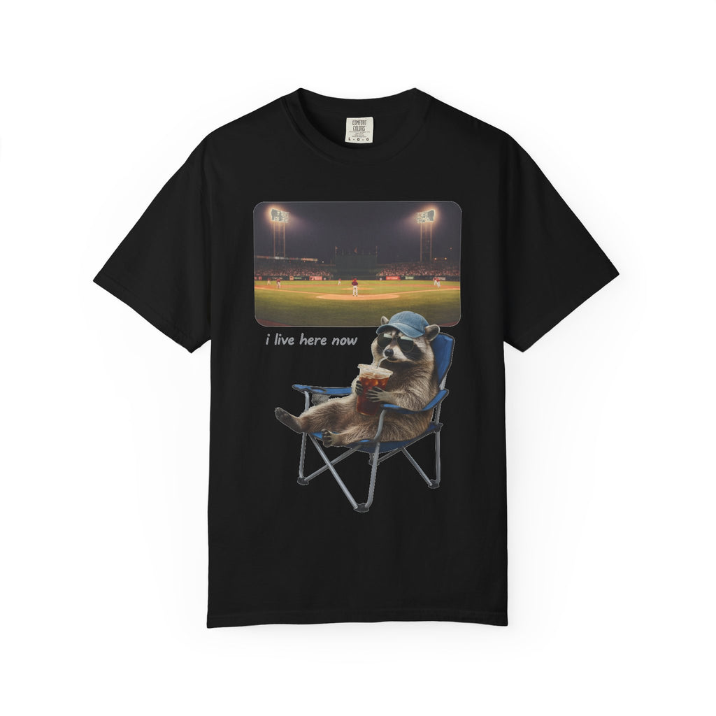 I Live Here Now Ballpark Raccoon Shirt, Funny Baseball Parent Tee, Camp Chair Raccoon Shirt, Sports Mom Gift