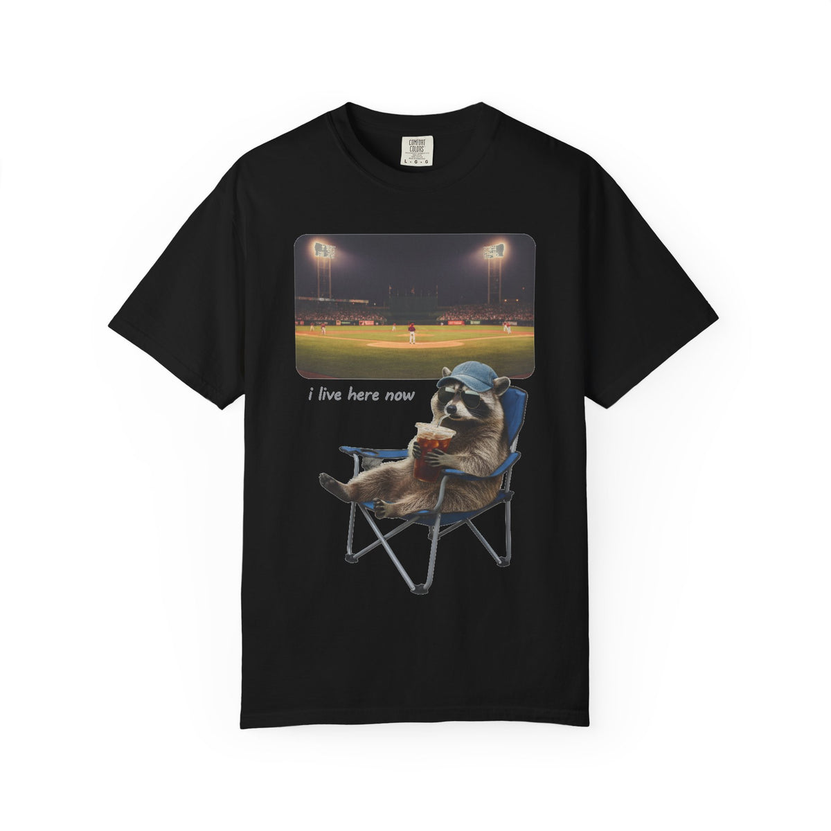 I Live Here Now Ballpark Raccoon Shirt, Funny Baseball Parent Tee, Camp Chair Raccoon Shirt, Sports Mom Gift