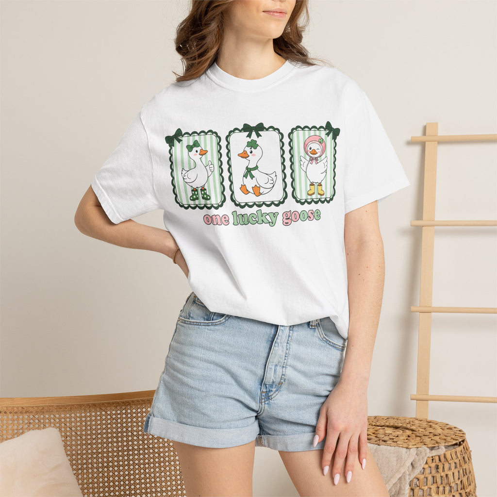 One Lucky Goose Tall Shirt, Three Panel Irish Goose Tee, Cute St Patricks Day Shirt, Shamrock Gift