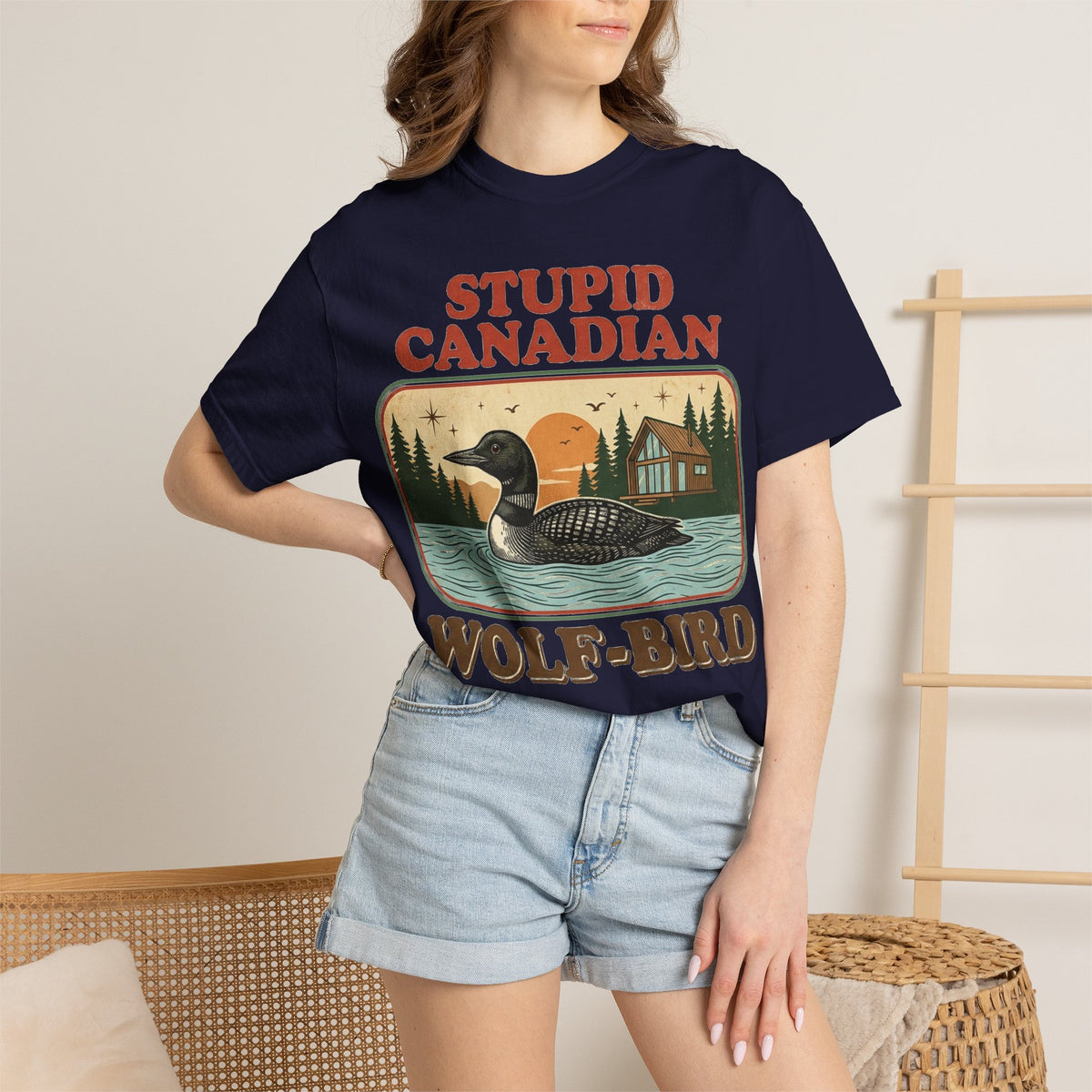 Stupid Canadian Wolf-Bird Shirt, Retro Loon Lake Badge Tee, Funny Canada Cabin Shirt, Lake Life Gift