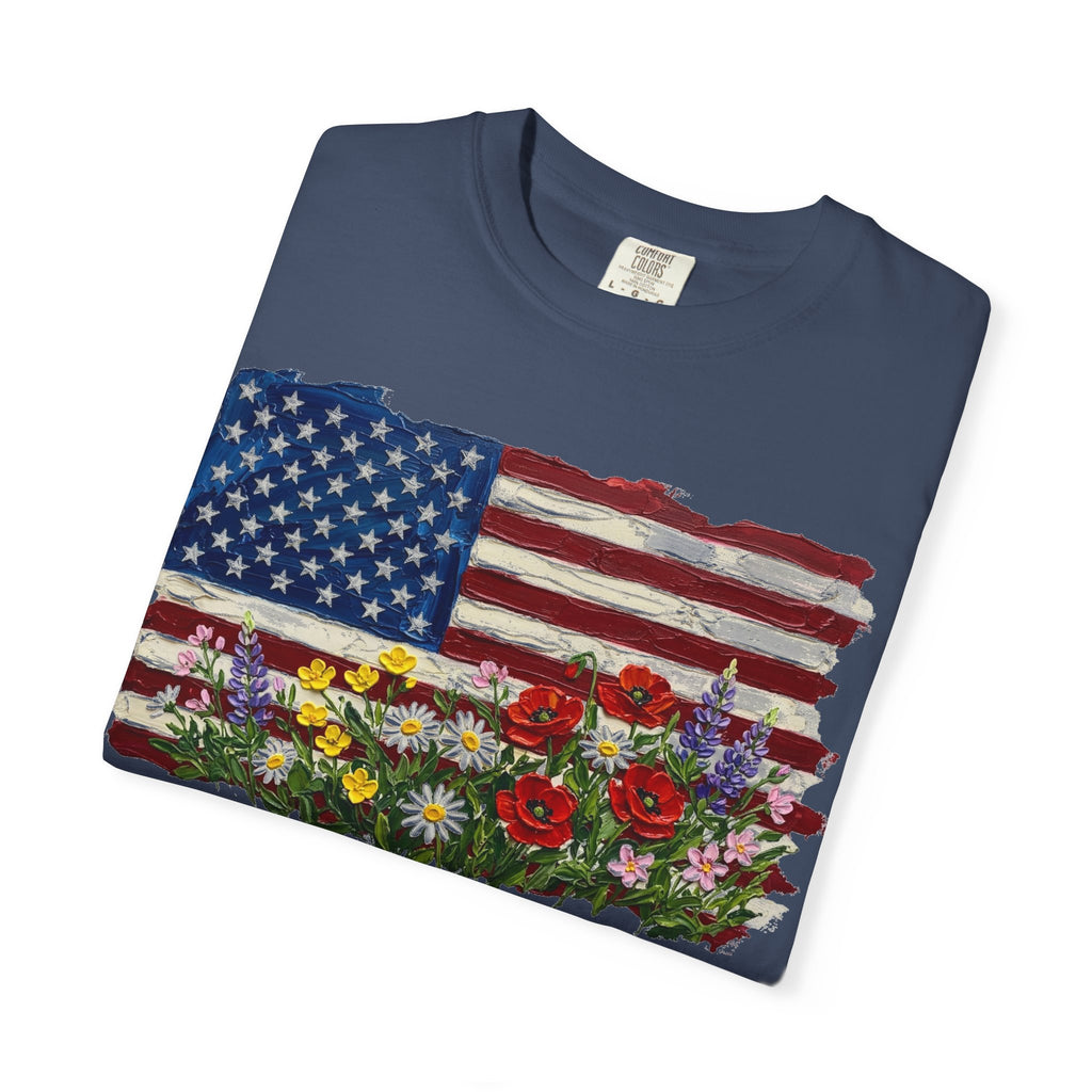 Painted Flag Wildflower Meadow Shirt, Impasto Americana Floral Tee, Patriotic Shirt, Independence Day Gift