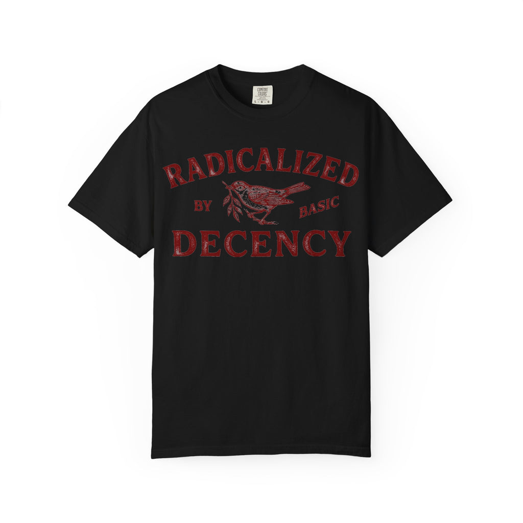 Radicalized By Basic Decency Bold Shirt, Engraved Bird Typography Tee, Kindness Statement Shirt, Protest Gift