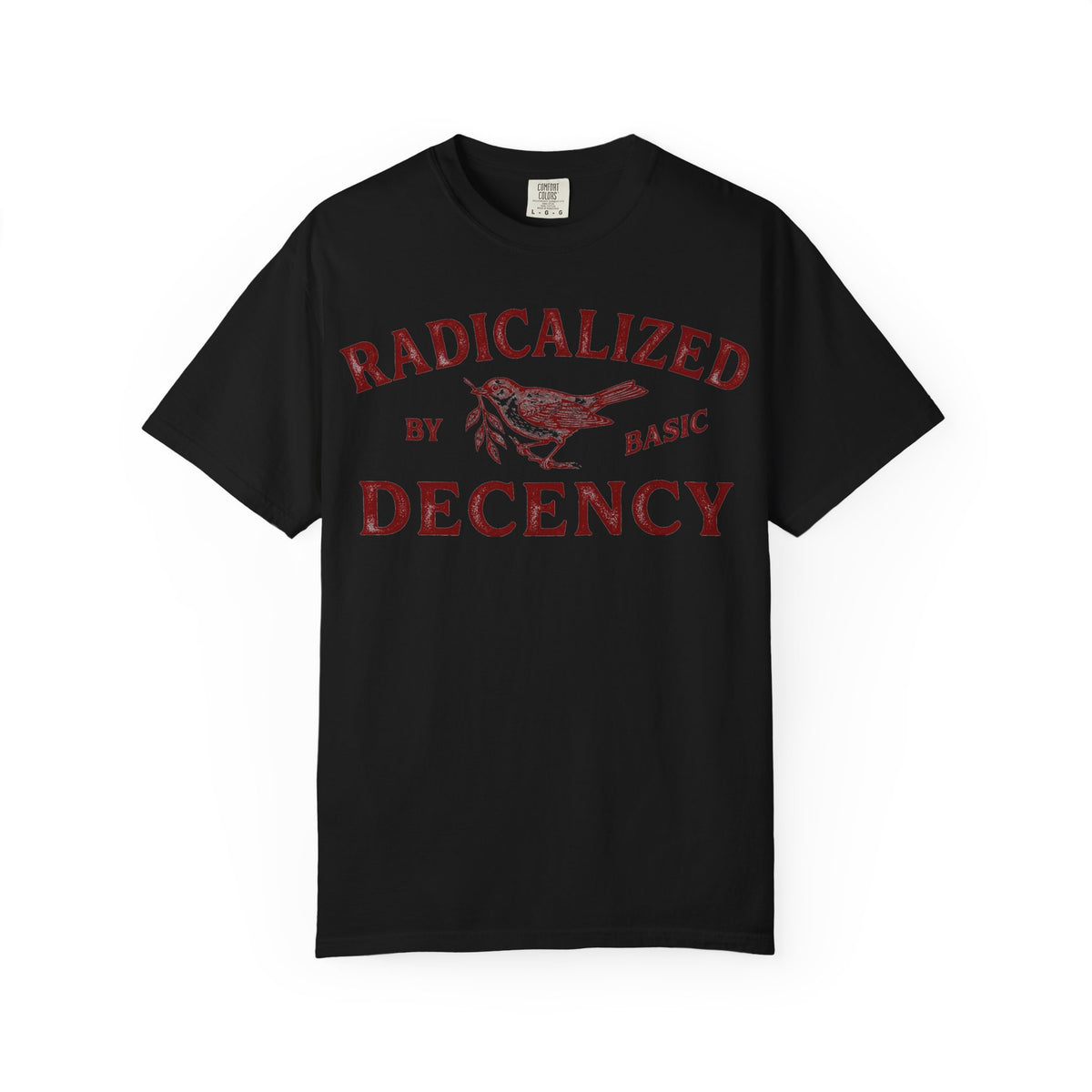Radicalized By Basic Decency Bold Shirt, Engraved Bird Typography Tee, Kindness Statement Shirt, Protest Gift