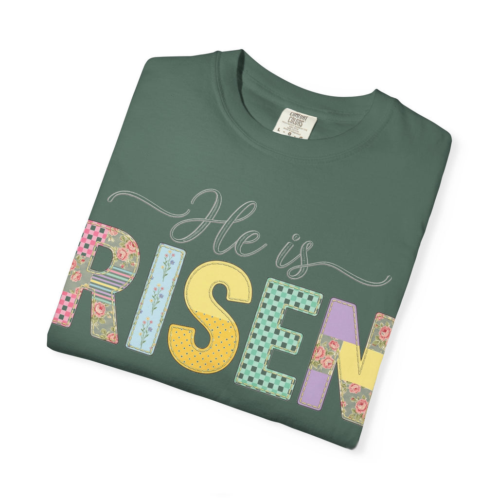He Is Risen Floral Applique Shirt, Rose Gingham Easter Tee, Christian Patchwork Shirt, Easter Gift