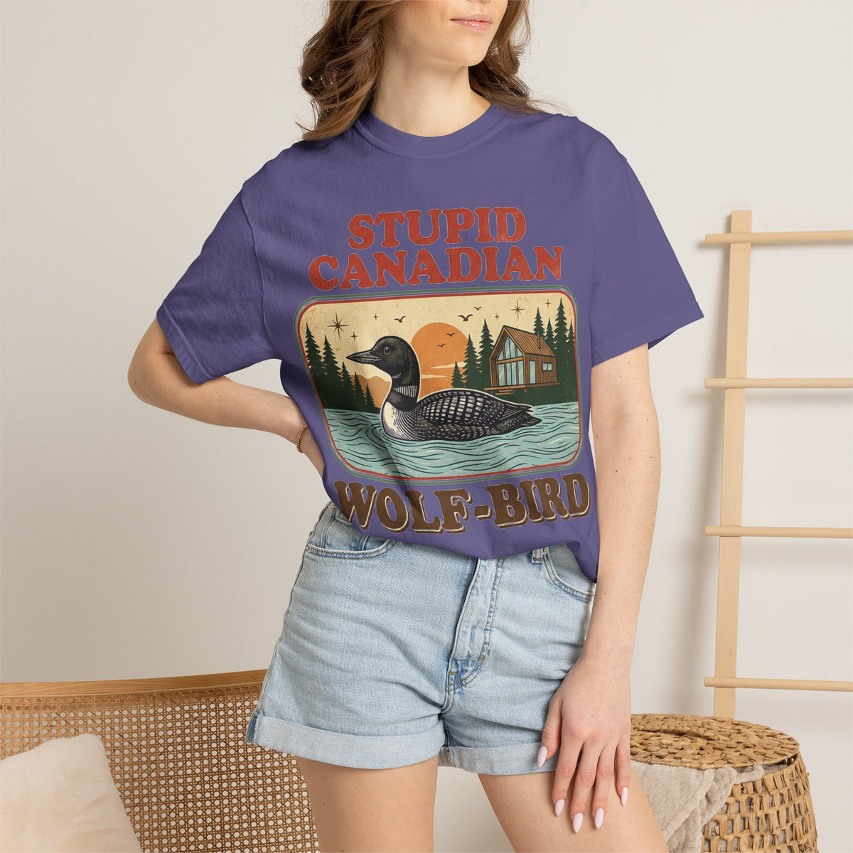 Stupid Canadian Wolf-Bird Shirt, Retro Loon Lake Badge Tee, Funny Canada Cabin Shirt, Lake Life Gift