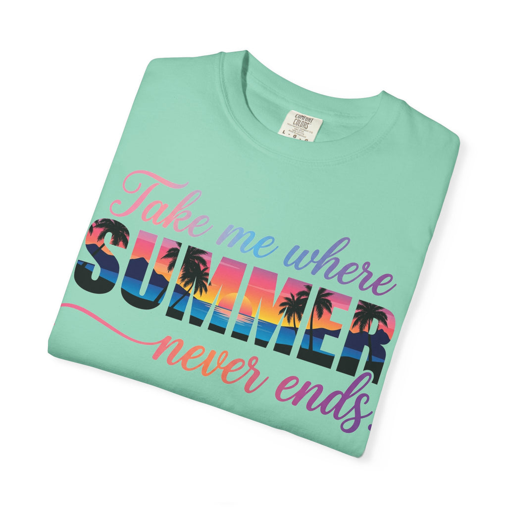 Take Me Where Summer Never Ends Shirt, Sunset Palm Tree Tee, Beach Vacation Shirt, Summer Gift