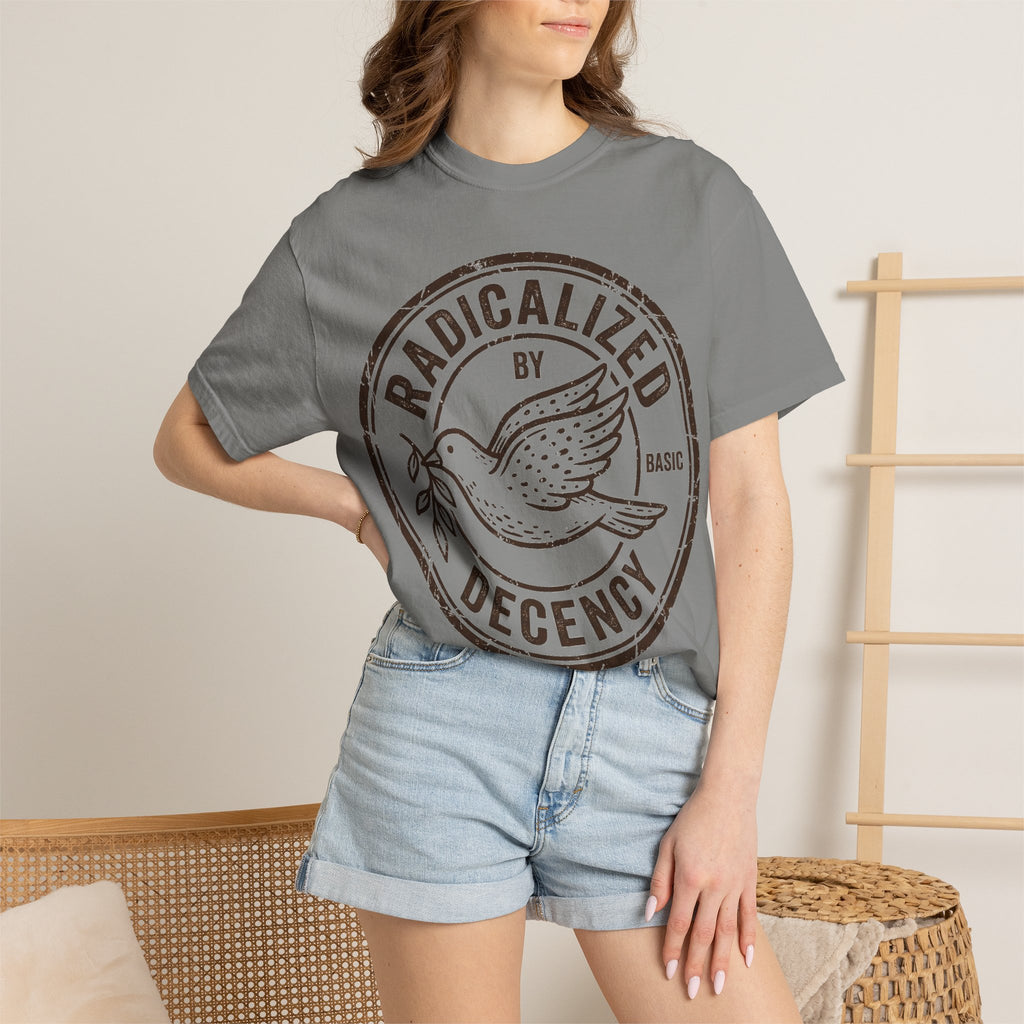 Radicalized By Basic Decency Brown Stamp Shirt, Flying Dove Badge Tee, Kindness Activist Shirt, Ally Gift