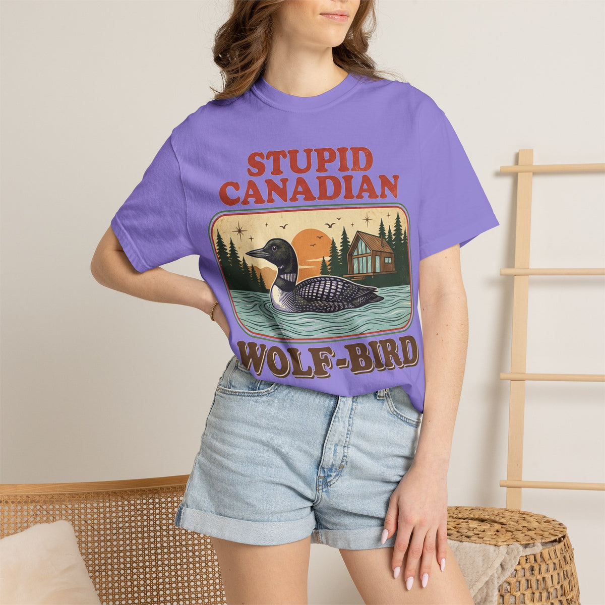 Stupid Canadian Wolf-Bird Shirt, Retro Loon Lake Badge Tee, Funny Canada Cabin Shirt, Lake Life Gift