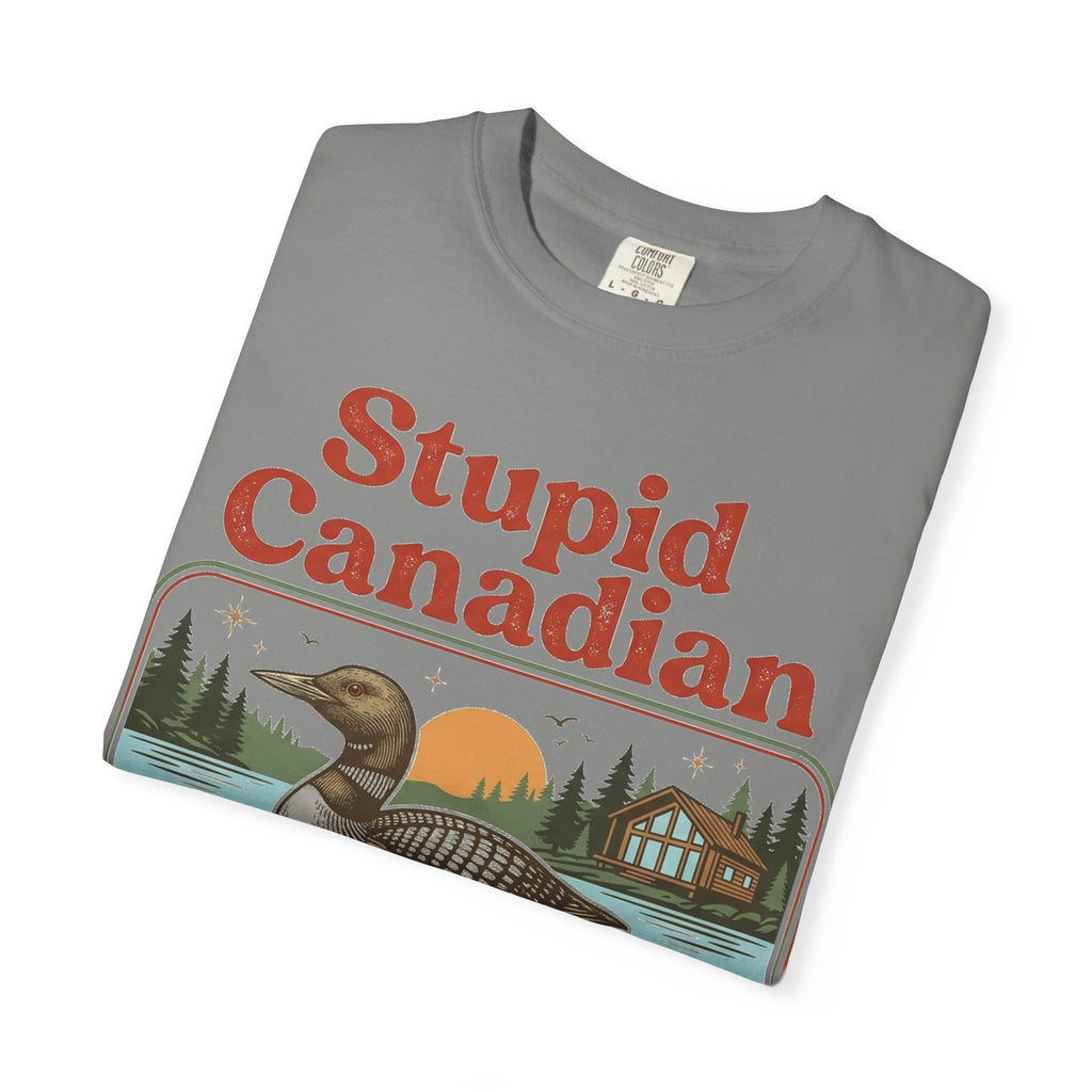 Stupid Canadian Wolf-Bird Classic Shirt, Loon Lake Scene Badge Tee, Funny Cabin Shirt, Lake Life Gift