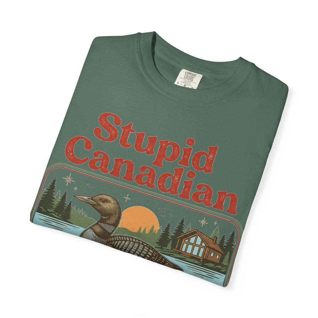 Stupid Canadian Wolf-Bird Classic Shirt, Loon Lake Scene Badge Tee, Funny Cabin Shirt, Lake Life Gift
