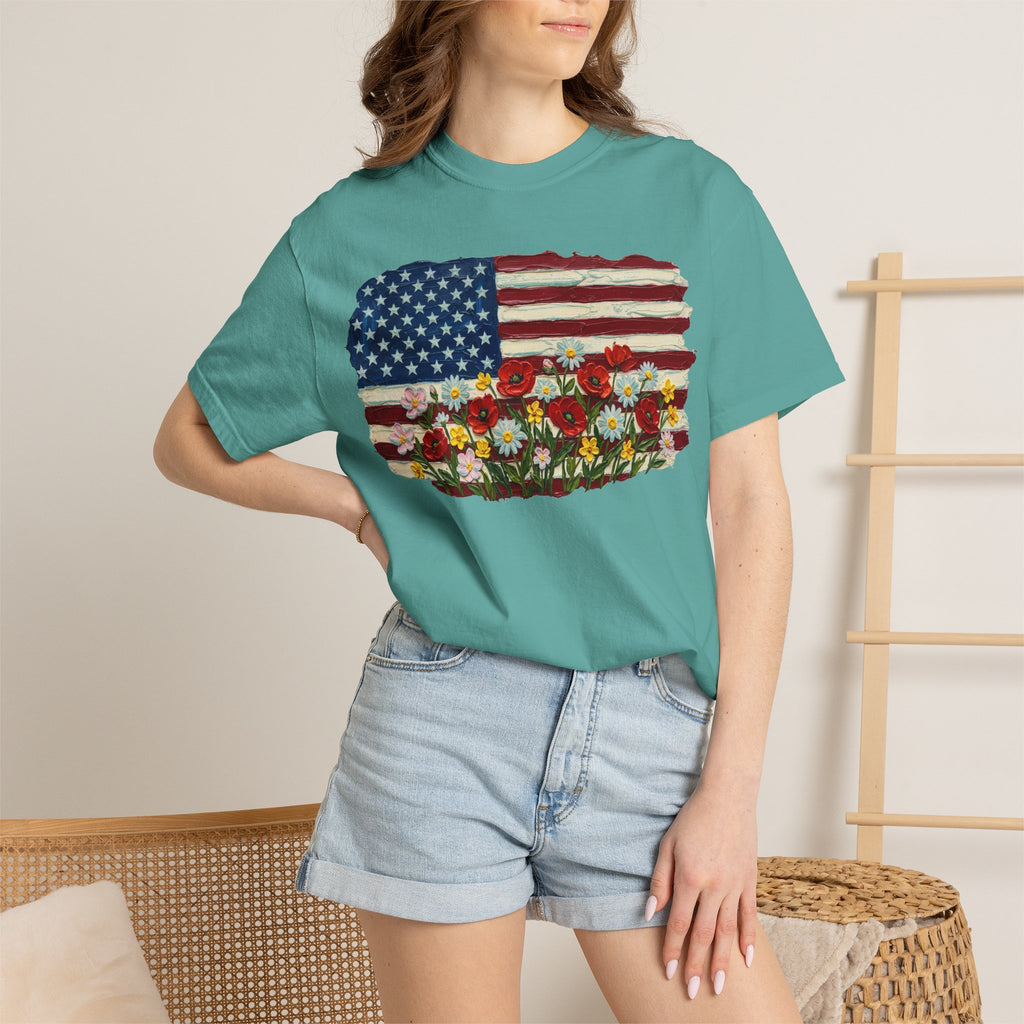 Impasto American Flag Wildflowers Shirt, Painted Flag Floral Tee, Patriotic Garden Shirt, Fourth Of July Gift