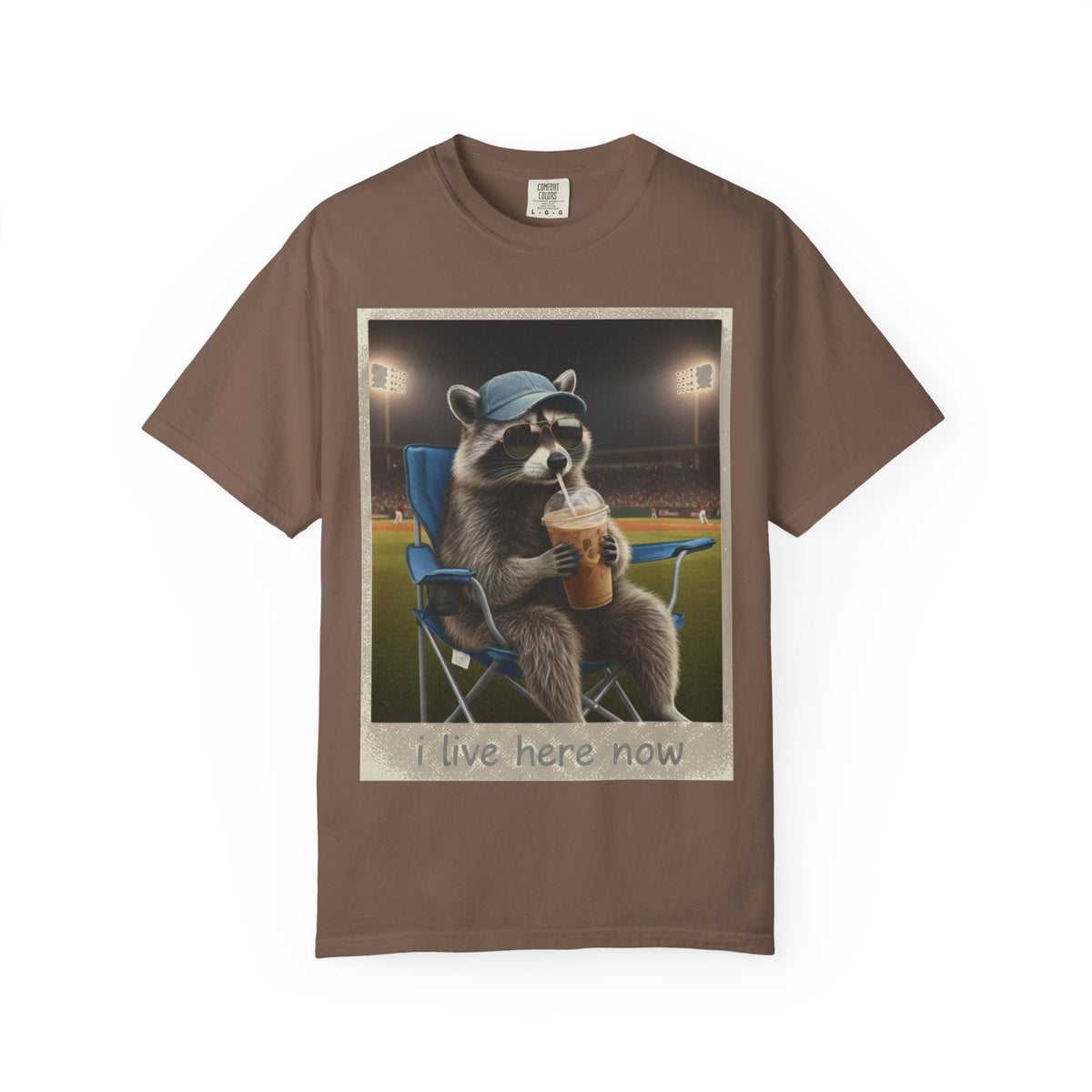 Baseball Raccoon Shirt, I Live Here Now Tee, Funny Ballpark Iced Coffee Shirt, Baseball Mom Gift