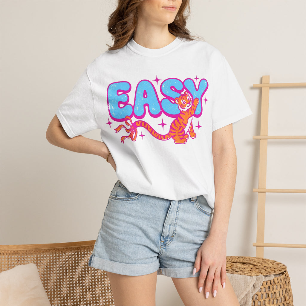 Easy Tiger Bow Shirt, Y2K Cub Bubble Type Tee, Retro Pink Blue Tiger Shirt, Trendy Gift