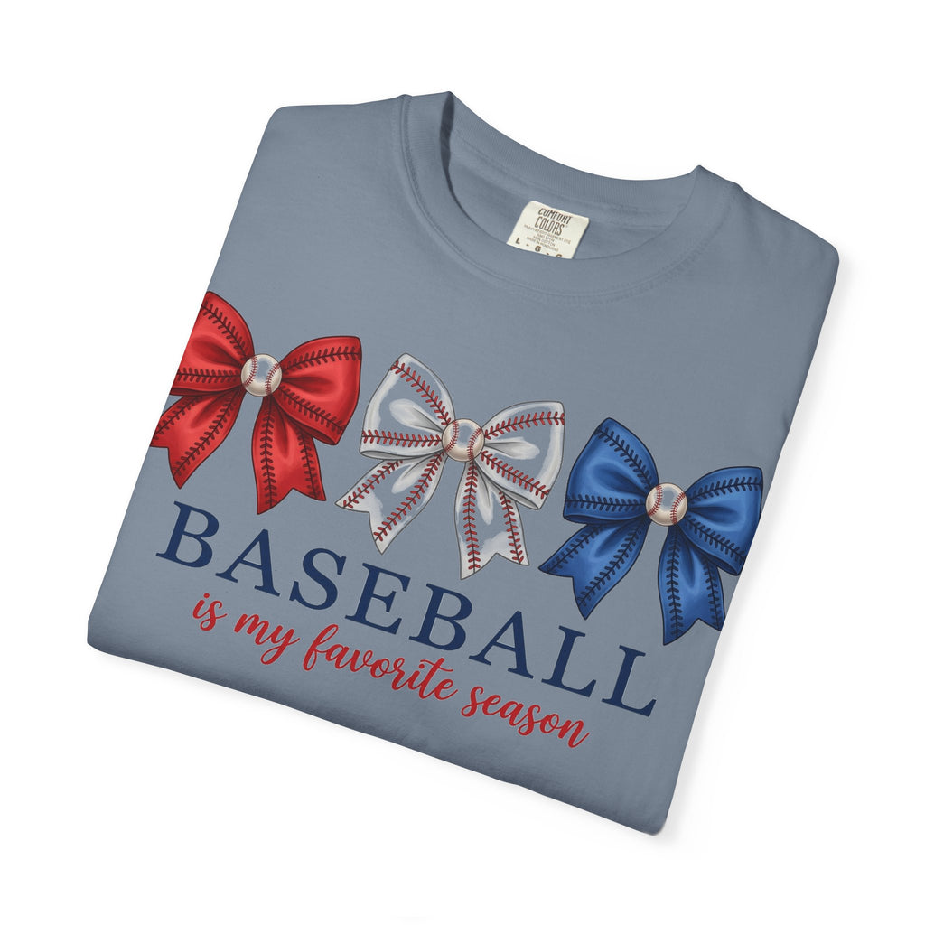Baseball Is My Favorite Season Tee, Small Bow Trio Baseball Shirt, Coquette Sports Mom Shirt, Game Day Gift