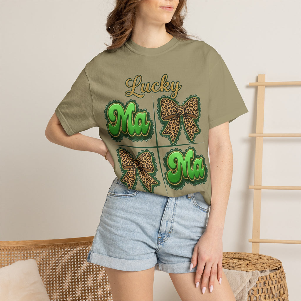 Lucky Mama Shirt, St Patricks Day Leopard Bow Tee, Green Glitter Mama Shirt, Irish Mom Gift
