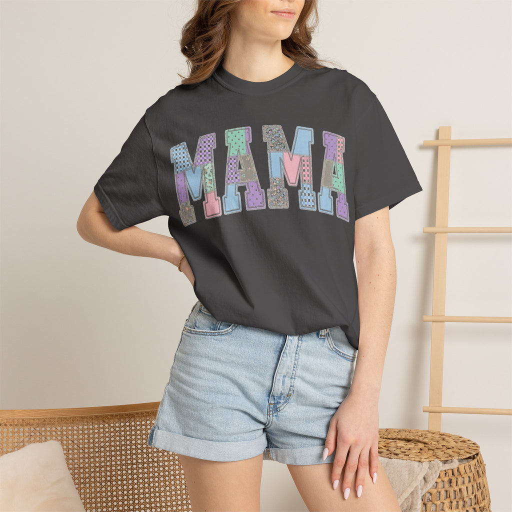 Mama Patchwork Shirt, Pastel Faux Applique Varsity Tee, Shabby Chic Mom Shirt, Mothers Day Gift