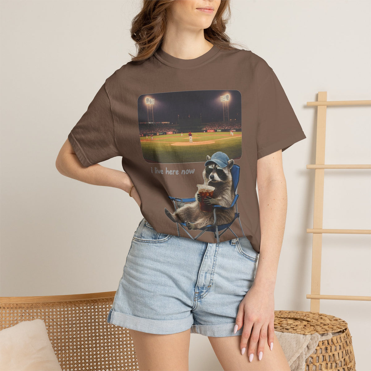 I Live Here Now Ballpark Raccoon Shirt, Funny Baseball Parent Tee, Camp Chair Raccoon Shirt, Sports Mom Gift