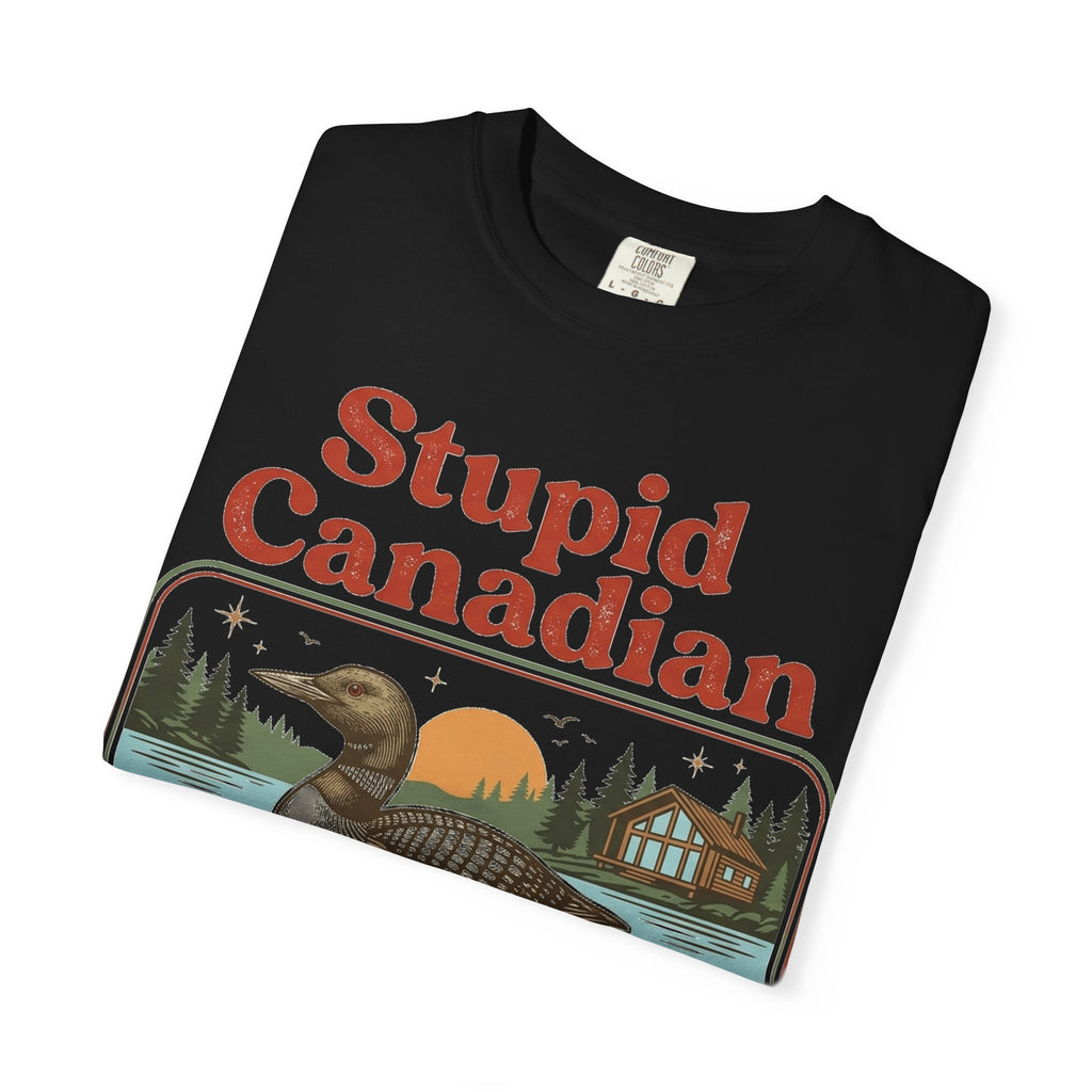 Stupid Canadian Wolf-Bird Classic Shirt, Loon Lake Scene Badge Tee, Funny Cabin Shirt, Lake Life Gift