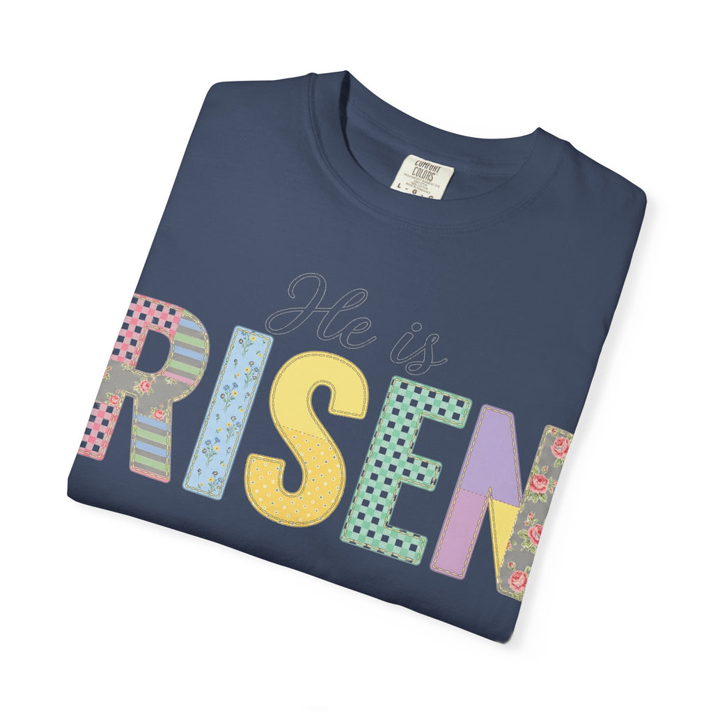 He Is Risen Patchwork Shirt, Faux Applique Easter Tee, Gingham Floral Christian Shirt, Easter Gift
