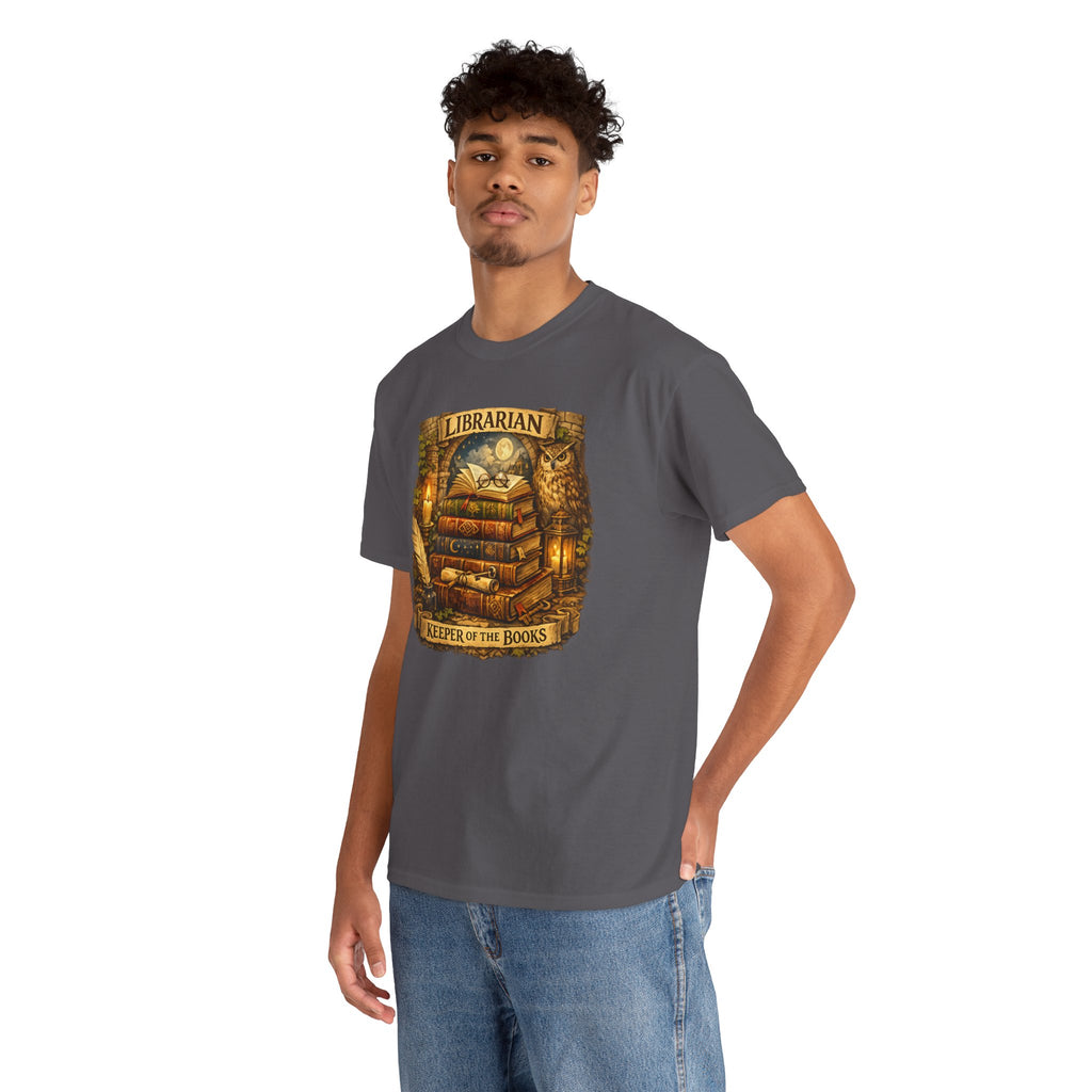 Librarian 'Keeper of the Books' T-Shirt — Vintage Bookstack & Owl Graphic