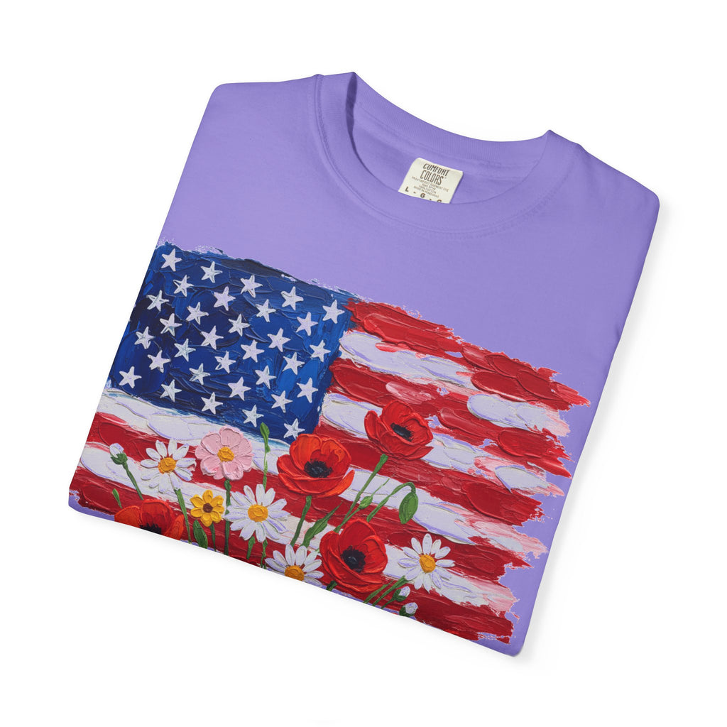 American Flag Poppy Bouquet Shirt, Impasto Patriotic Floral Tee, Memorial Day Shirt, Veterans Gift