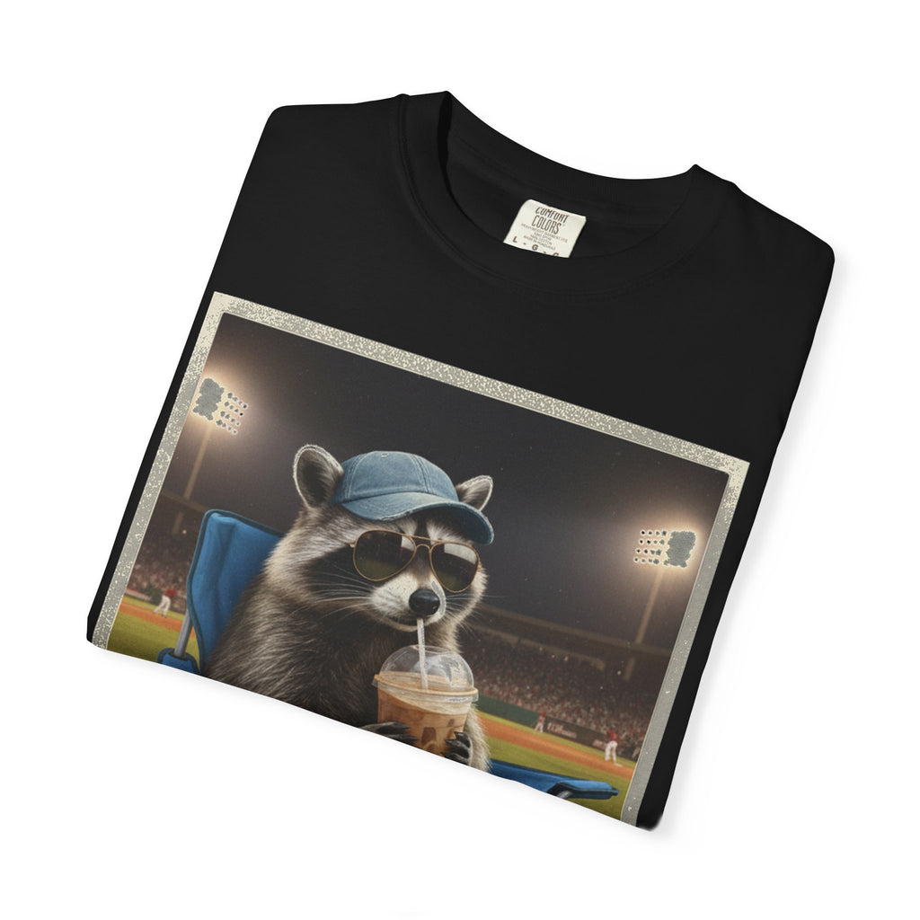 Baseball Raccoon Shirt, I Live Here Now Tee, Funny Ballpark Iced Coffee Shirt, Baseball Mom Gift