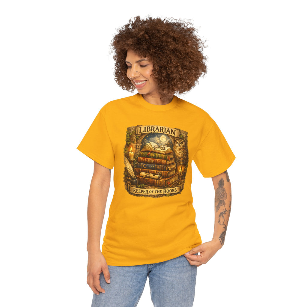Librarian 'Keeper of the Books' T-Shirt — Vintage Bookstack & Owl Graphic