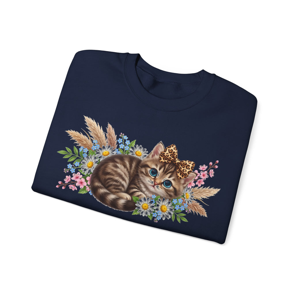 Cute Kitten Sweatshirt, Leopard Bow Floral Cat Sweatshirt, Coquette Cat Lover Gift, Tabby Kitten Pampas Flowers Sweatshirt, Cat Mom Boho Swe