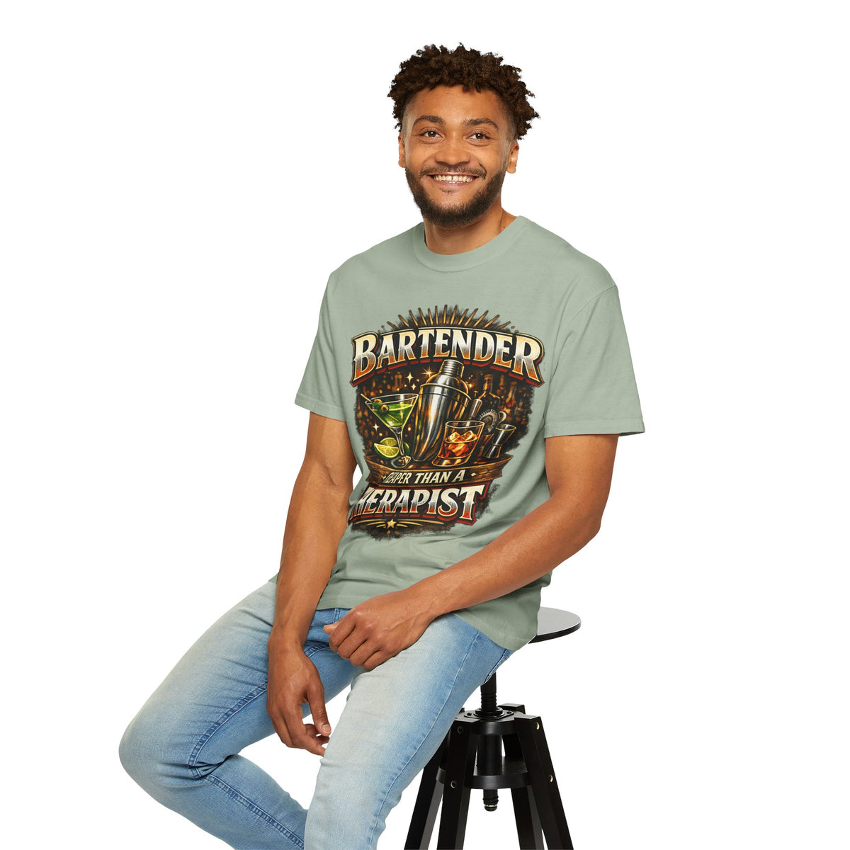 Bartender T-Shirt — "Bartender: Cheaper Than a Therapist" Vintage Bar Graphic Tee