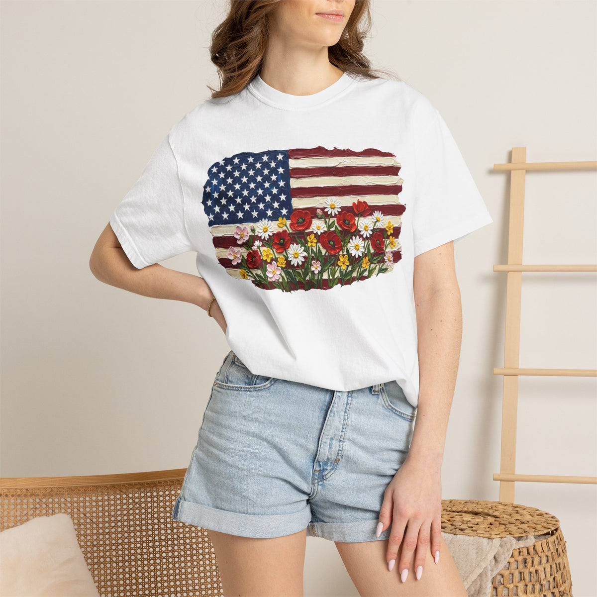 Impasto American Flag Wildflowers Shirt, Painted Flag Floral Tee, Patriotic Garden Shirt, Fourth Of July Gift