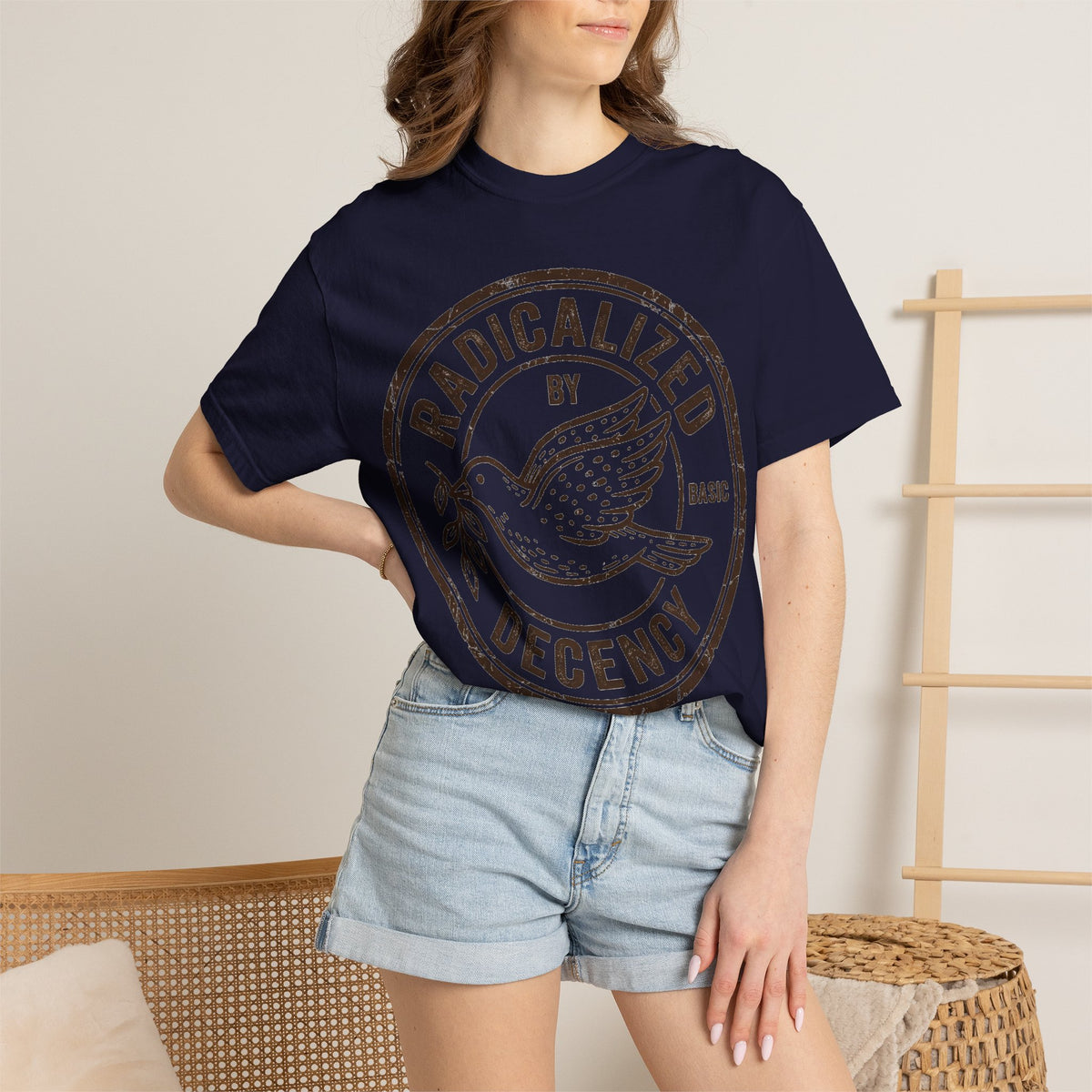 Radicalized By Basic Decency Brown Stamp Shirt, Flying Dove Badge Tee, Kindness Activist Shirt, Ally Gift