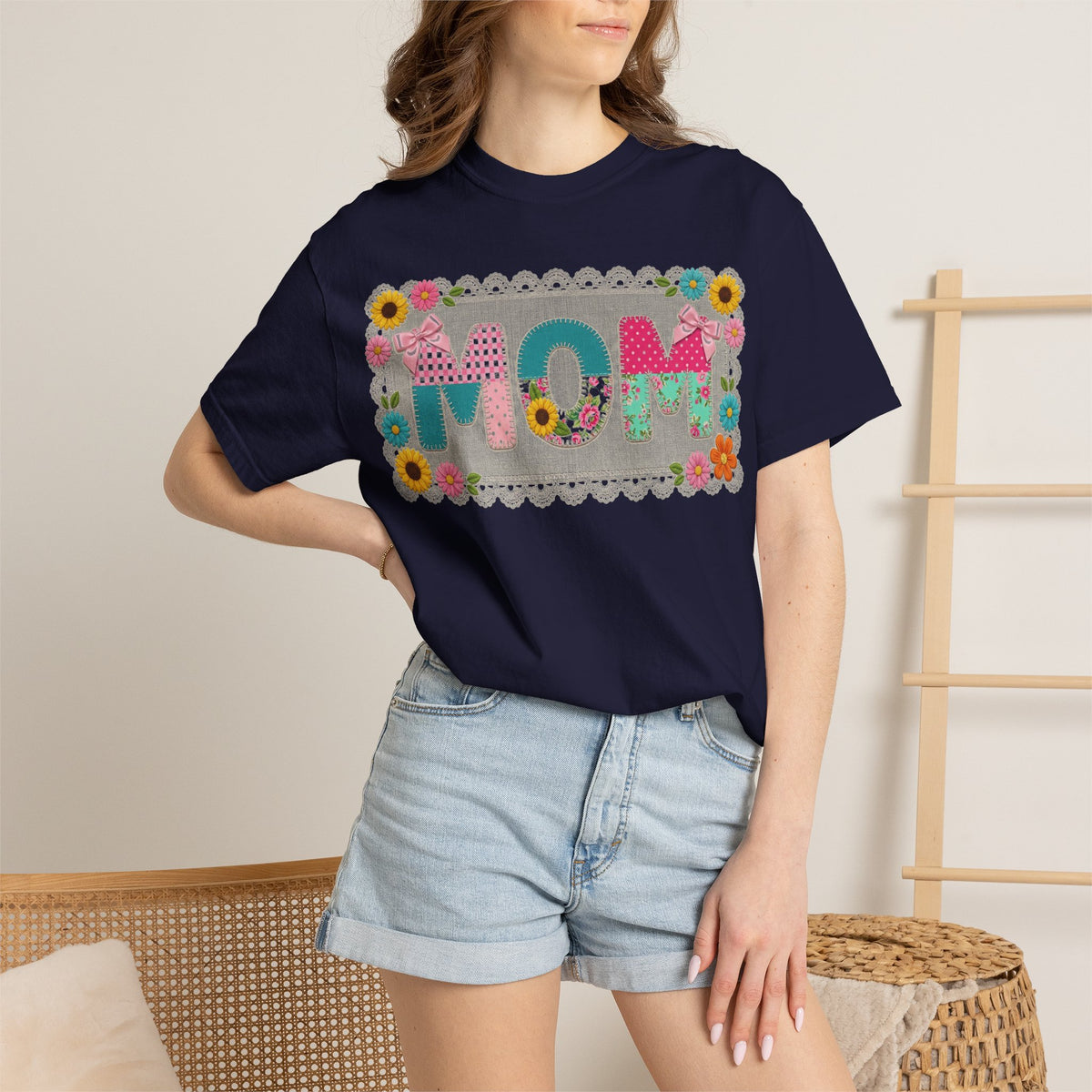 Mom Patchwork Applique Shirt, Faux Embroidery Floral MOM Tee, Mothers Day Shirt, Gift For Mom