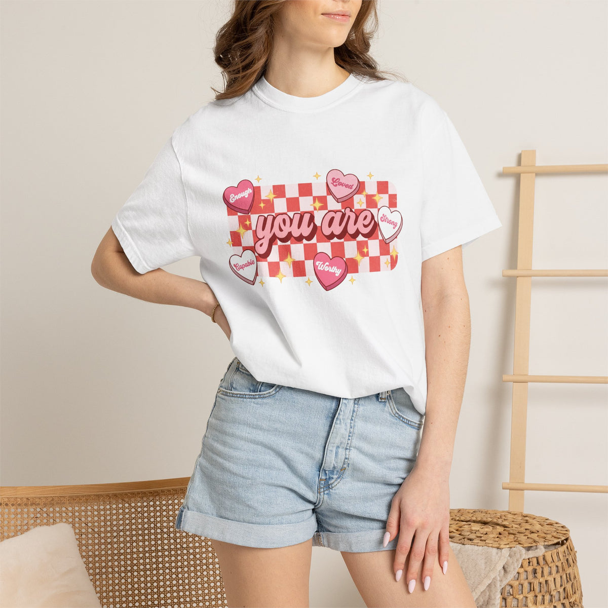You Are Enough Loved Worthy Shirt, Conversation Heart Checkerboard Tee, Affirmation Valentine Shirt, Gift For Her