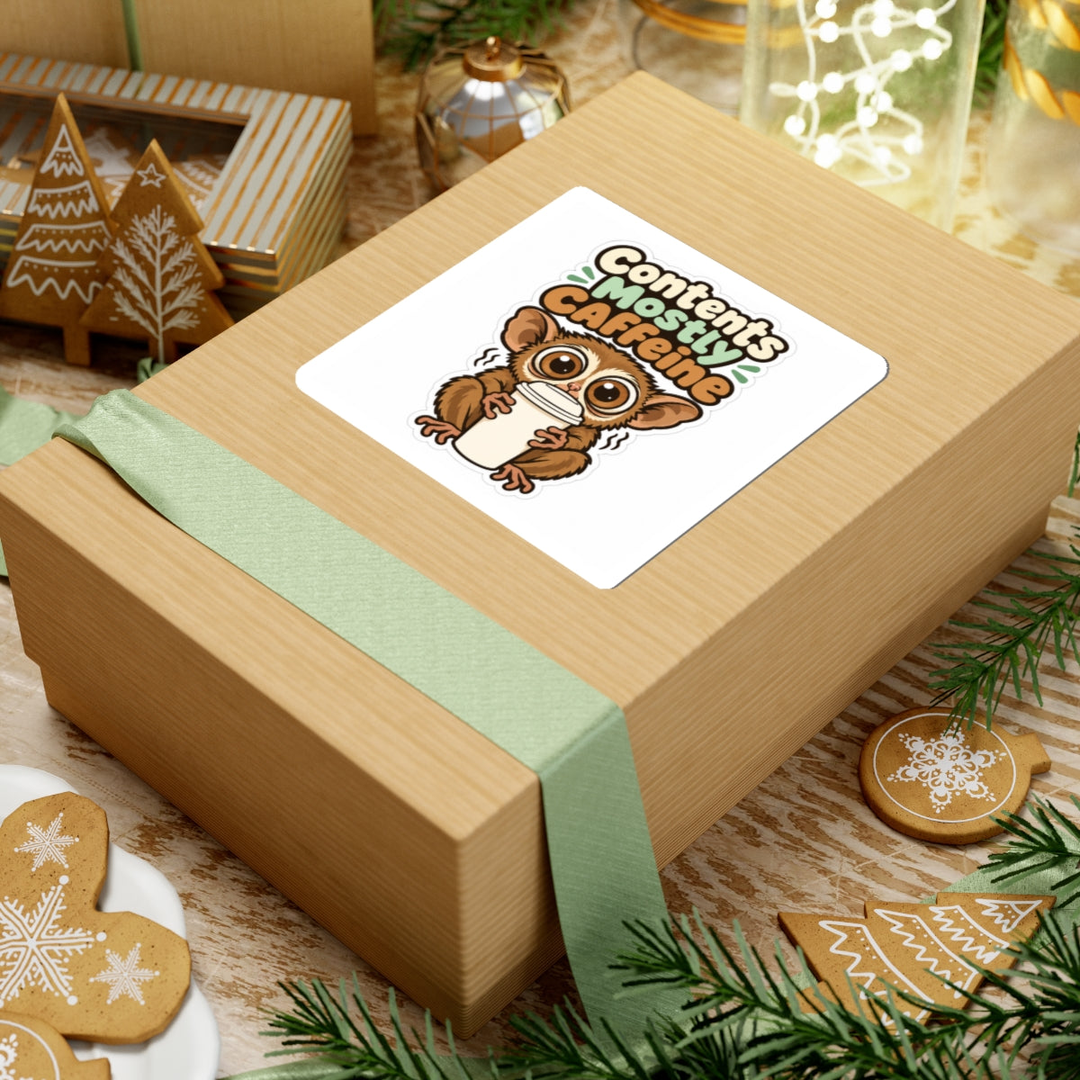 Contents Mostly Caffeine Sticker, Funny Coffee Decal, Cute Tarsier Water Bottle Sticker
