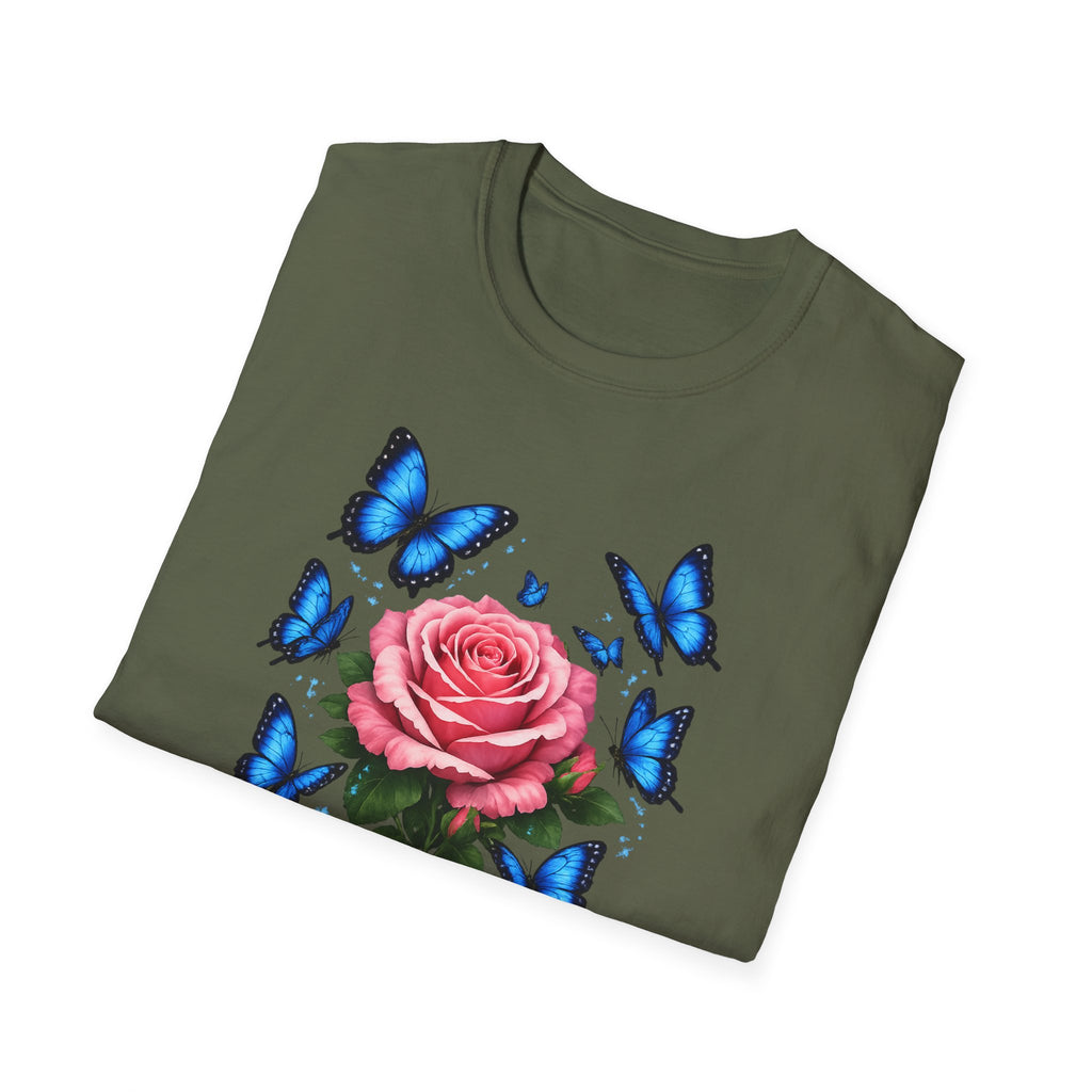 Rose and Blue Butterflies T-Shirt — Floral Garden Tee for Spring & Gifts