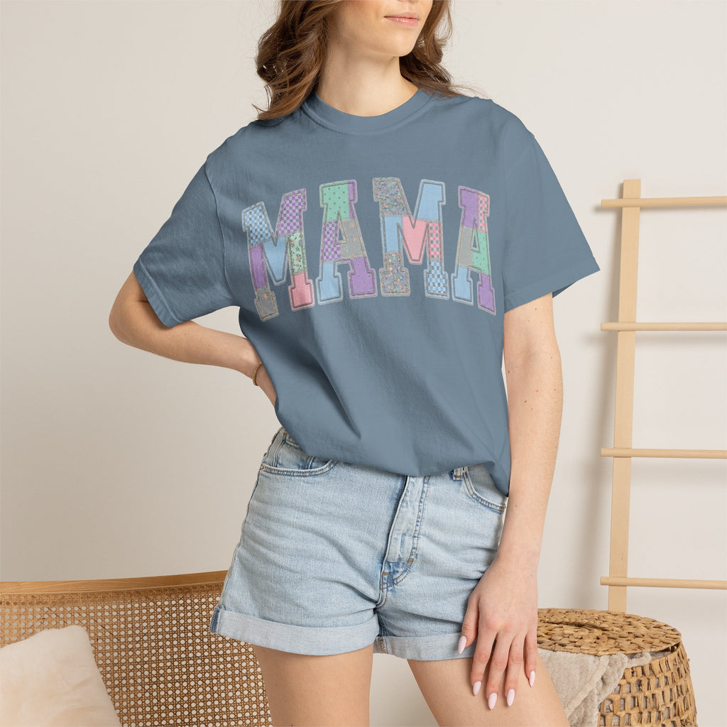 Mama Patchwork Shirt, Pastel Faux Applique Varsity Tee, Shabby Chic Mom Shirt, Mothers Day Gift