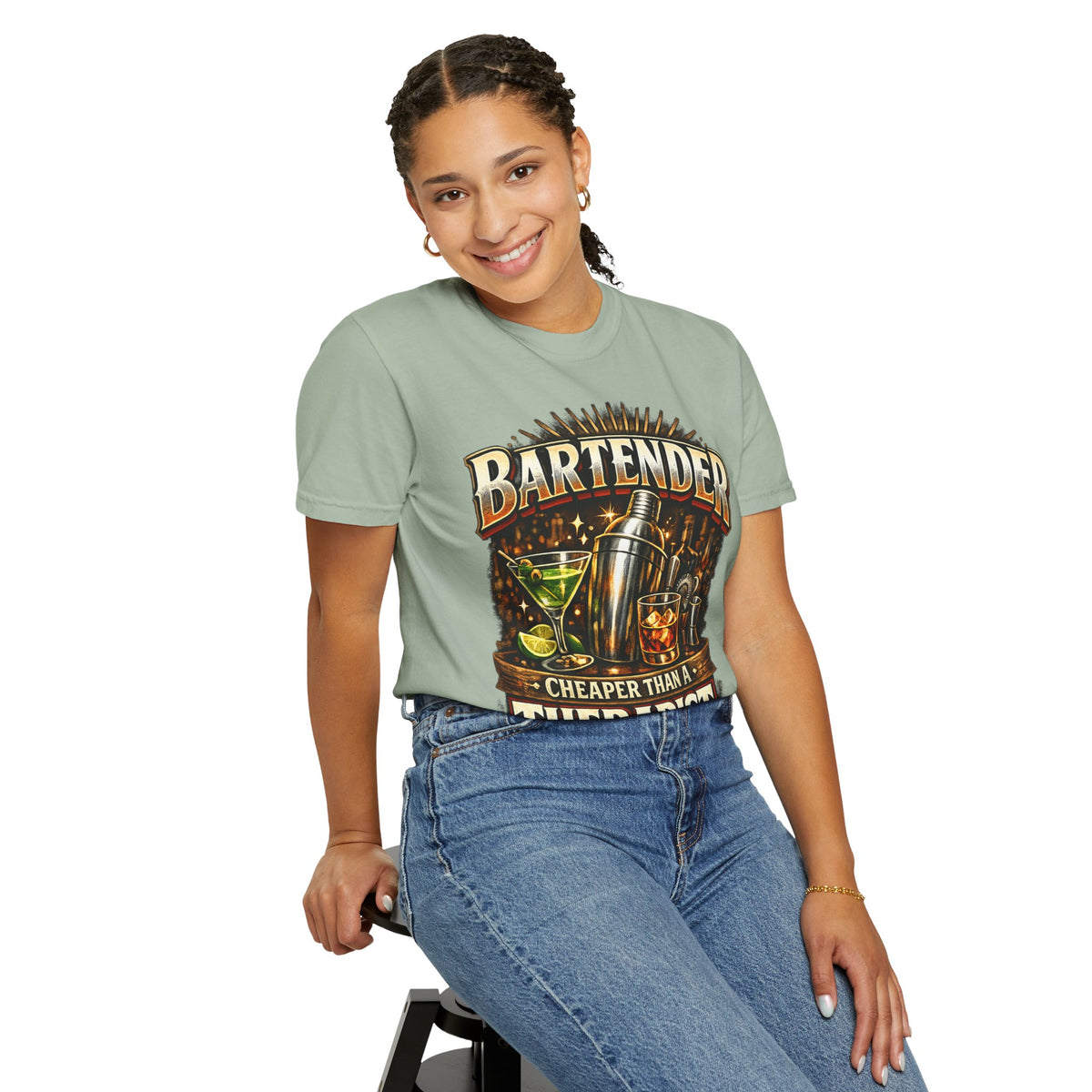 Bartender T-Shirt — "Bartender: Cheaper Than a Therapist" Vintage Bar Graphic Tee