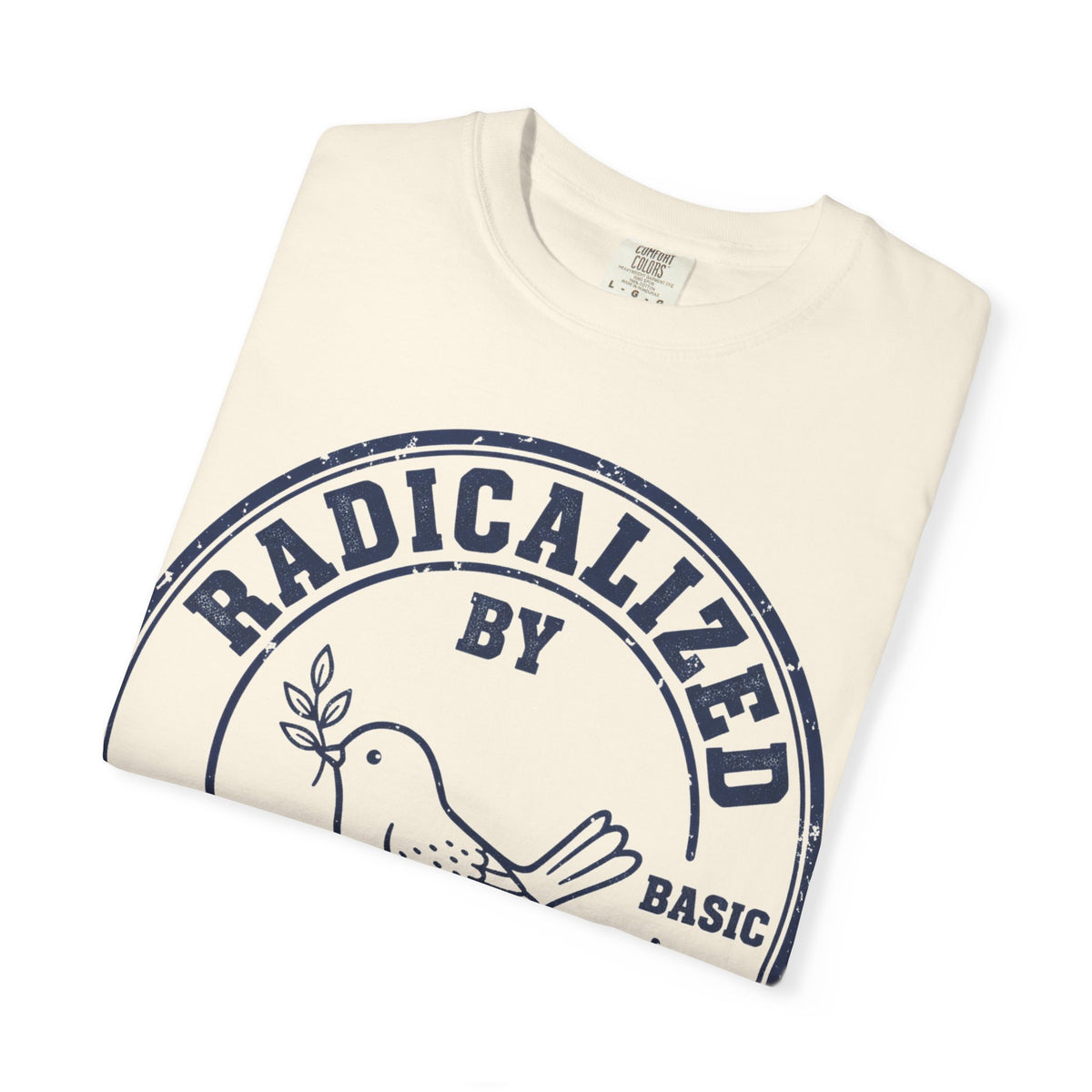 Radicalized By Basic Decency Navy Stamp Shirt, Line Art Dove Badge Tee, Kindness Protest Shirt, Activist Gift