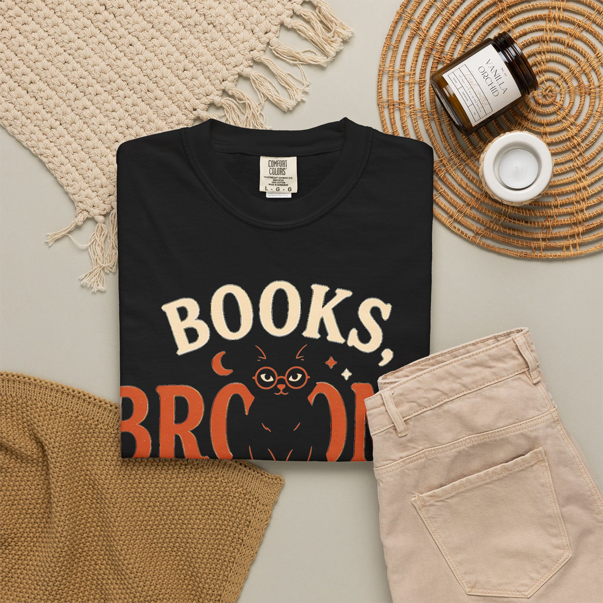 Books, Brooms & Brews Shirt, Black Cat Book Lover Comfort Colors Tee
