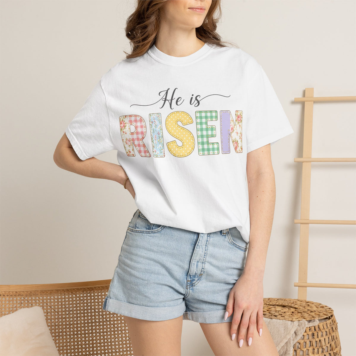 He Is Risen Pastel Patch Shirt, Easter Faux Stitch Letter Tee, Christian Spring Shirt, Easter Gift