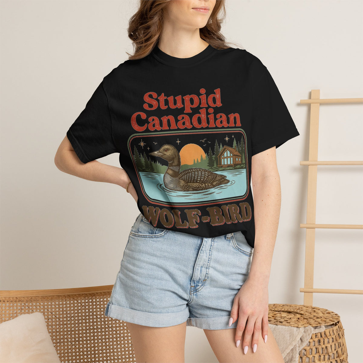 Stupid Canadian Wolf-Bird Classic Shirt, Loon Lake Scene Badge Tee, Funny Cabin Shirt, Lake Life Gift